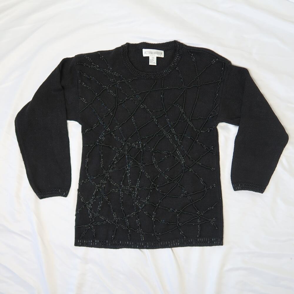 Vintage 90s Victoria Harbour black beaded pullover sweater M